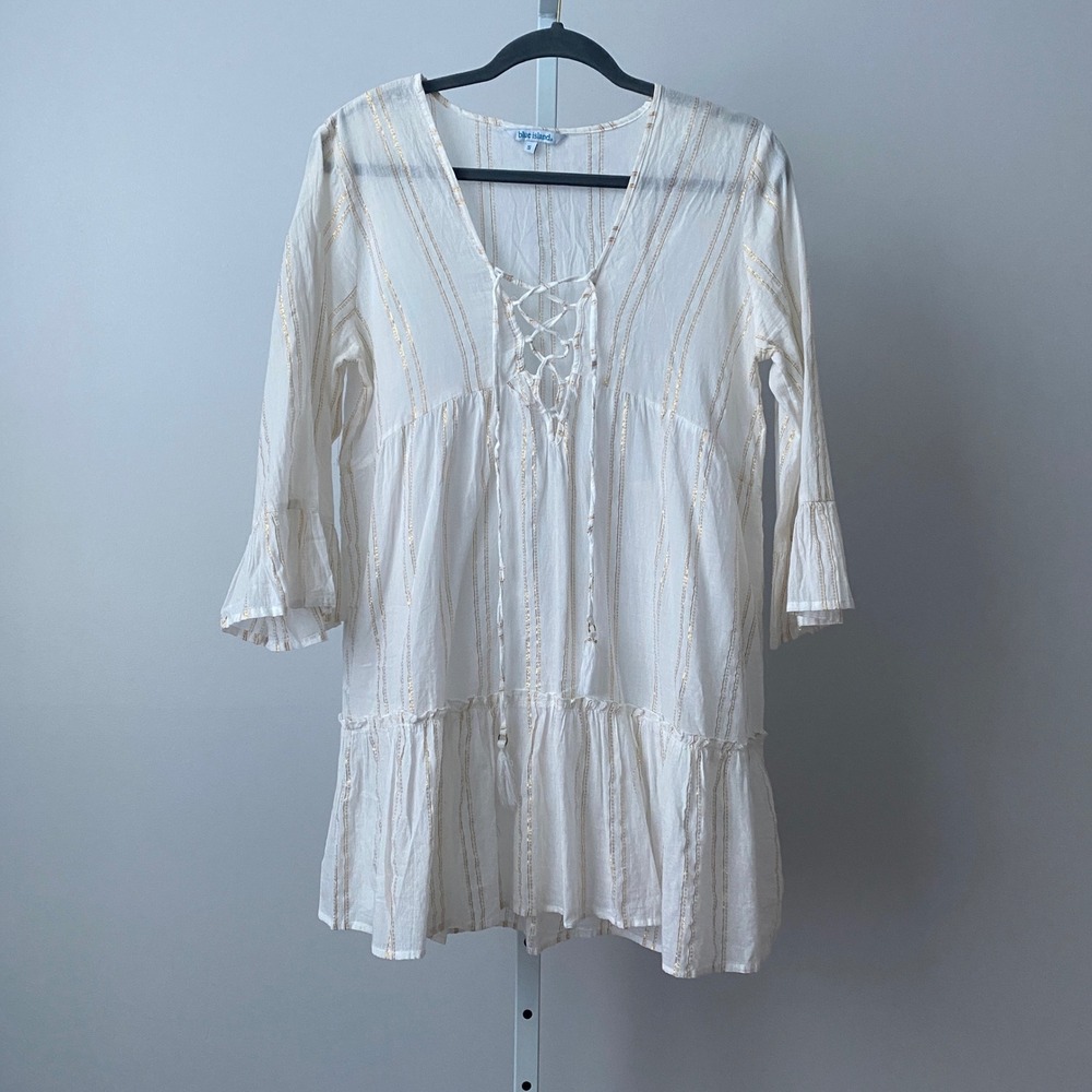Blue Island Cotton Boho Beachy Relaxed Peasant Lace Up Striped Tunic S White